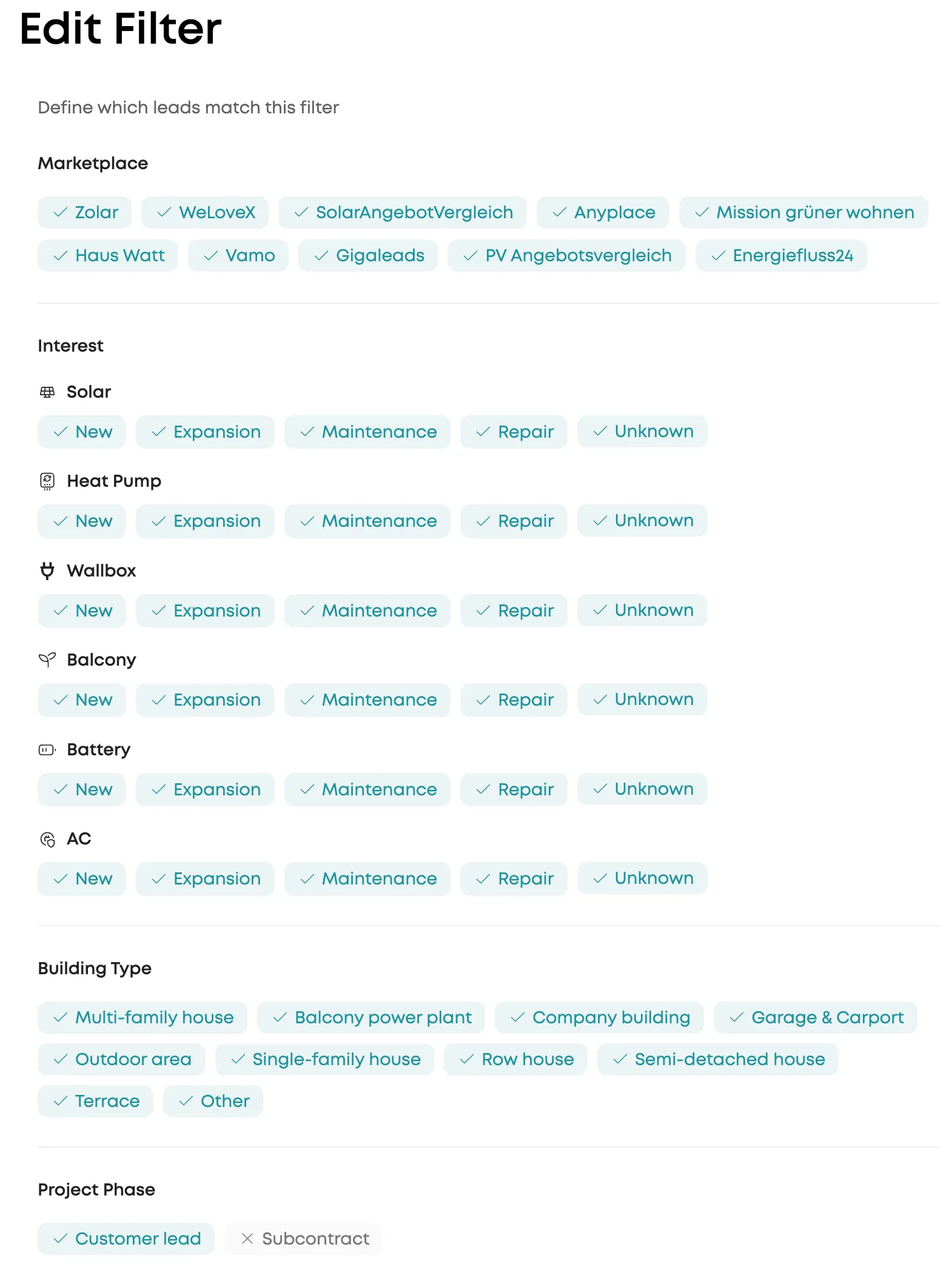 Edit Filter - narrow leads by trade, interest and building type
