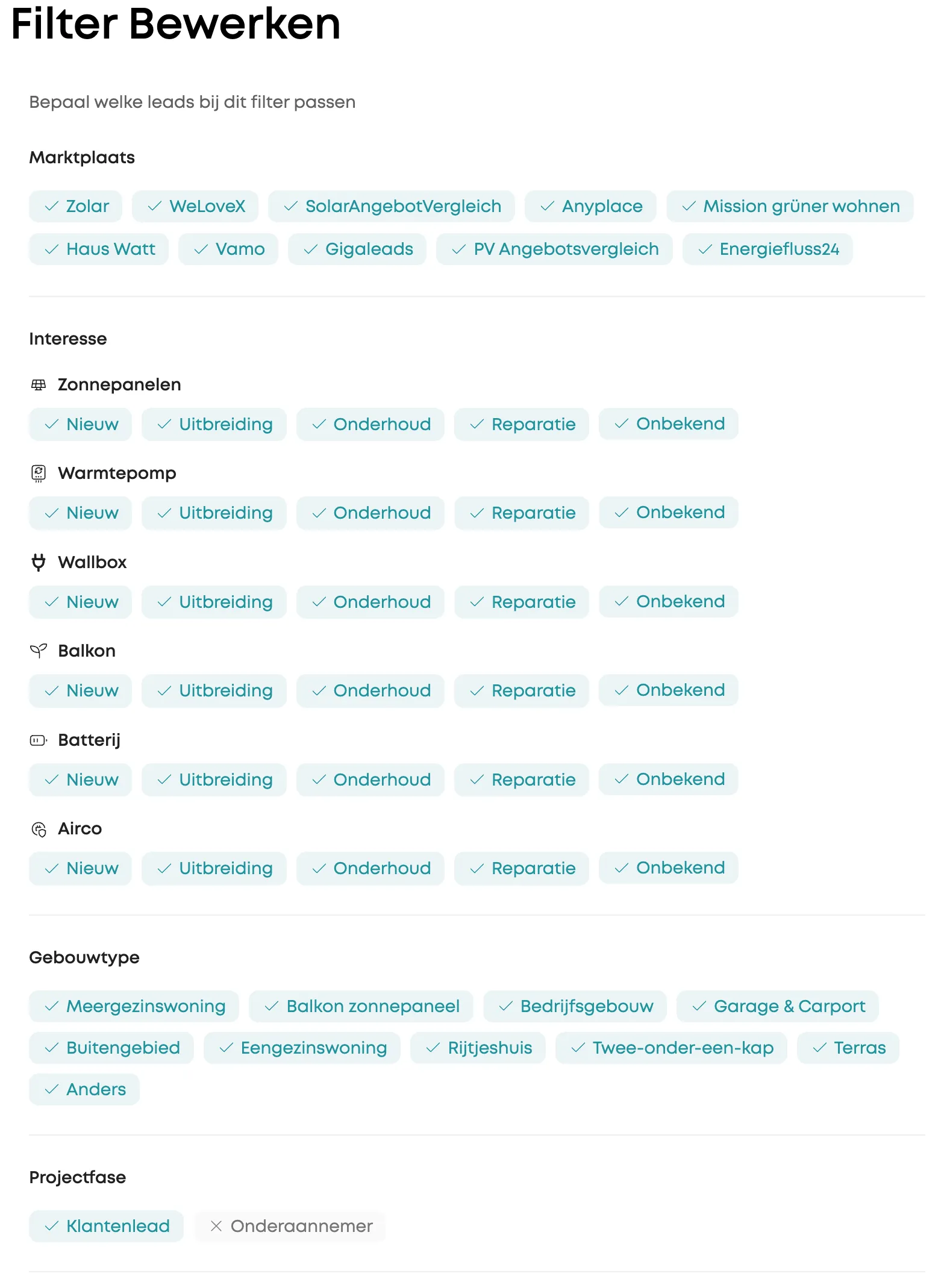 Edit Filter - narrow leads by trade, interest and building type